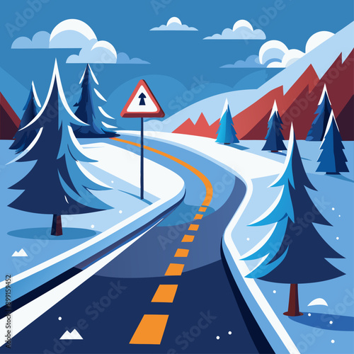 winter scene of an asphalt road partially covered in snow with a visible direction arrow highlighting the challenges and choices in adverse conditions