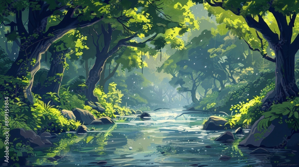 Tranquil Forest River Scene - Lush Greenery and Sunlight Tranquil Forest River Scene - Lush Greenery and Sunlight