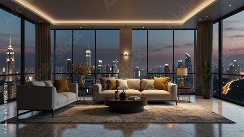 Modern style luxury interior with city view 3d render, There are terrazzo floor decorated wall with hidden light
