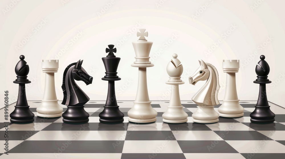 Chessboard with white and black pieces, vector style, emphasizing the classic game of strategy and tactics Chessboard with white and black pieces, vector style, emphasizing the classic game of strategy and tactics