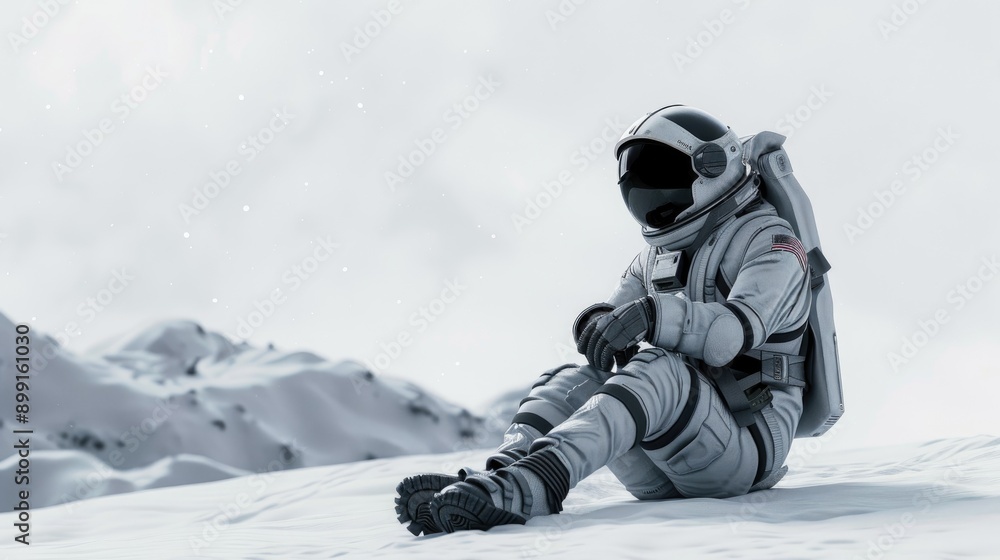Clean, minimalist scene of an astronaut on the moon, seated and thoughtful, white background Clean, minimalist scene of an astronaut on the moon, seated and thoughtful, white background