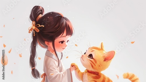 Chinese girl and orange cat, light outfits, simple and charming cartoon illustration, white background