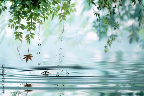 A leafy tree branch is reflected in the water photo