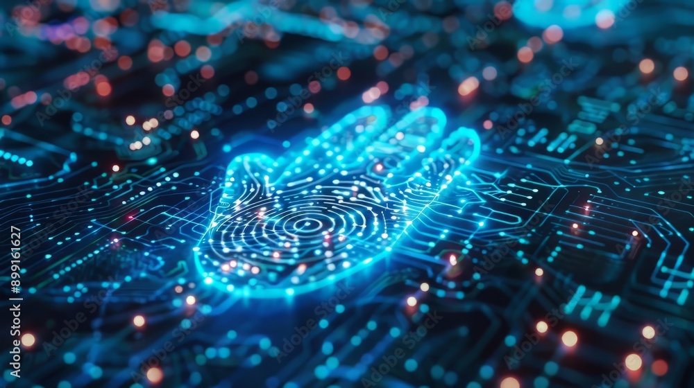 Fototapeta premium Digital Fingerprint on Circuit Board with Glowing Lines