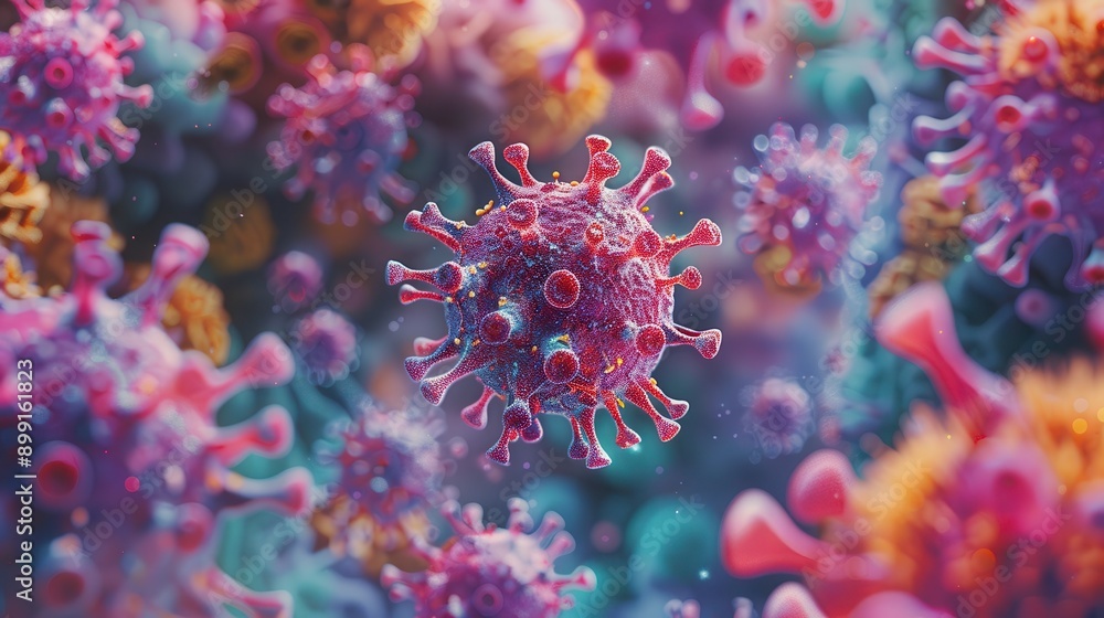 Obraz premium Colorful and vivid depiction of a virus, representing microscopic life in a dynamic, abstract style.