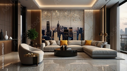 Modern style luxury interior with city view 3d render, There are terrazzo floor decorated wall with hidden light