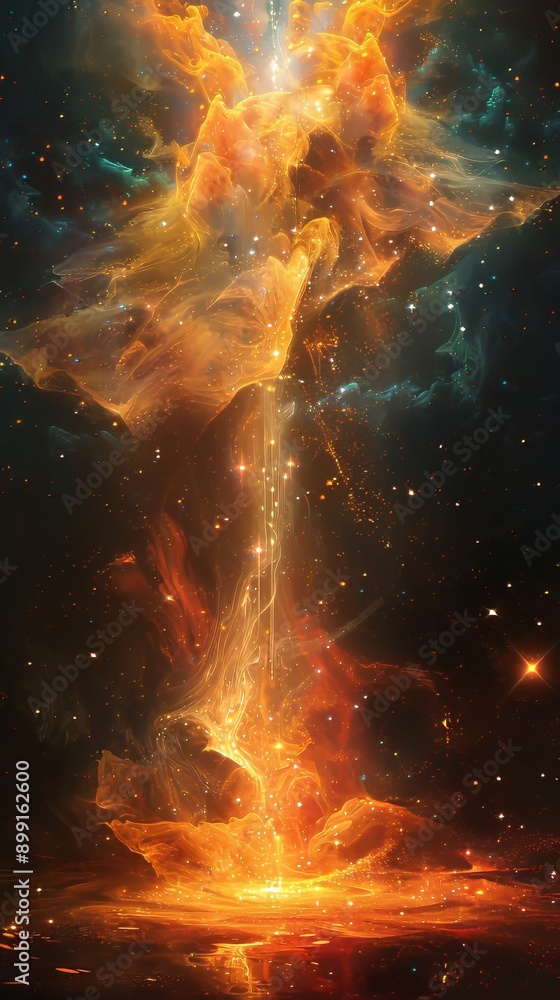 Golden Nebula with Stream of Light and Stars Golden Nebula with Stream of Light and Stars