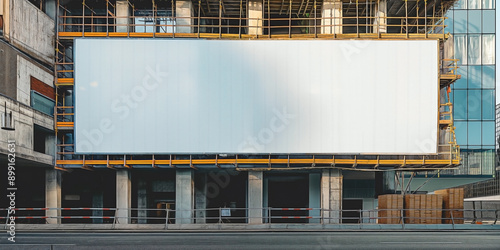 Blank white banner for advertisement on a fence of a building under construction photo