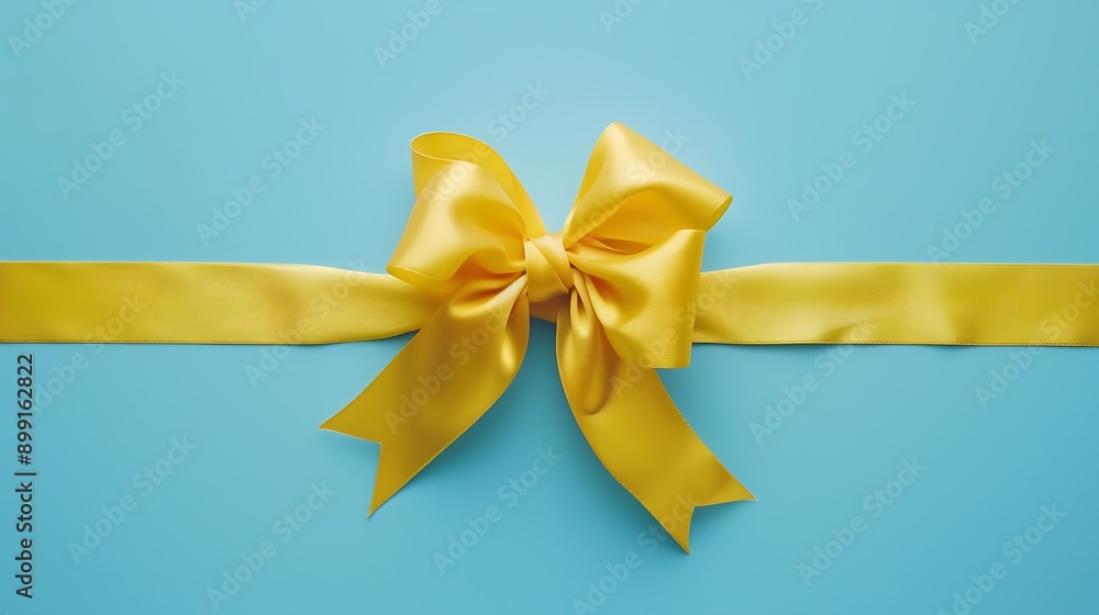 holiday paper present tied yellow ribbon bow top view on blue background holiday paper present tied yellow ribbon bow top view on blue background