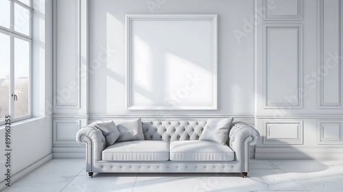 Clean space showcasing a blank white frame, a slate grey luxurious couch, and wide glass panels.