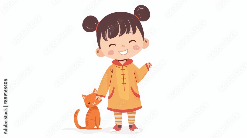 Cute Chinese girl tilting her head and smiling, orange cat holding its tail, light outfit, simple cartoon style, white background Cute Chinese girl tilting her head and smiling, orange cat holding its tail, light outfit, simple cartoon style, white background