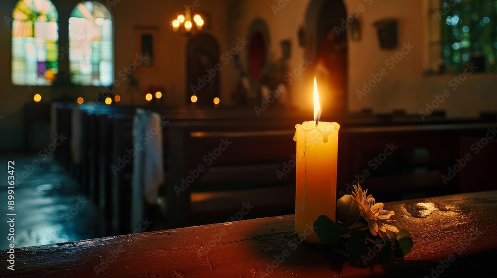 A solitary candle burning in a small chapel, its light flickering out slowly A solitary candle burning in a small chapel, its light flickering out slowly