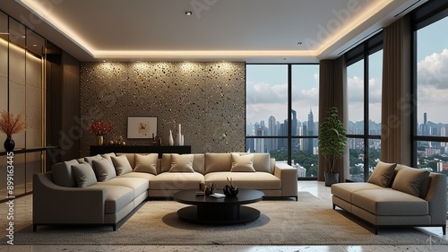 Modern style luxury interior with city view 3d render, There are terrazzo floor decorated wall with hidden light