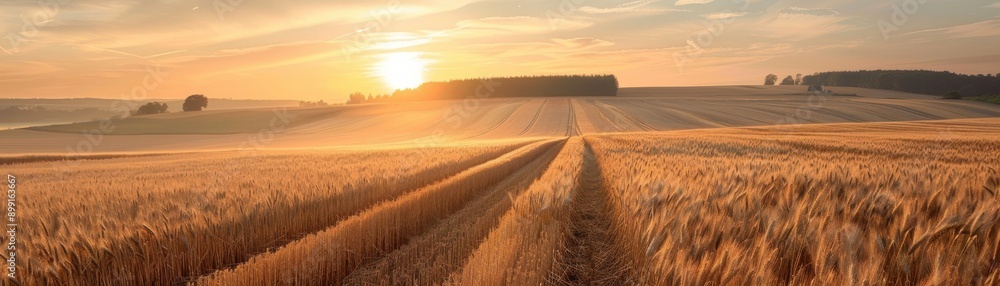Golden wheat fields with rolling hills in the distance at sunrise, under a colorful sky, with a dirt road leading through. Golden wheat fields with rolling hills in the distance at sunrise, under a colorful sky, with a dirt road leading through.