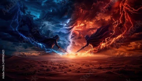 Knights battling under a stormy sky with lightning, Historical, Dramatic lighting, Illustration © Nawarit