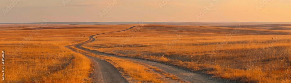 A winding dirt road stretches through golden wheat fields at dusk, under a serene sky with a hint of evening light. A winding dirt road stretches through golden wheat fields at dusk, under a serene sky with a hint of evening light.