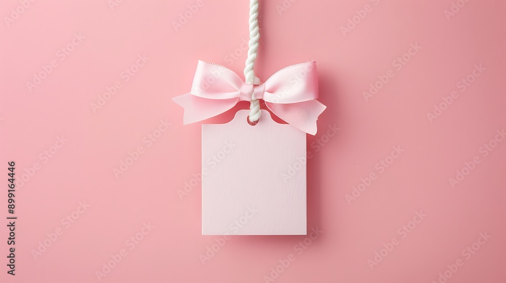 Minimal pink pastel color gift card hanging with white rope bow isolated on pink pastel color background Minimal pink pastel color gift card hanging with white rope bow isolated on pink pastel color background