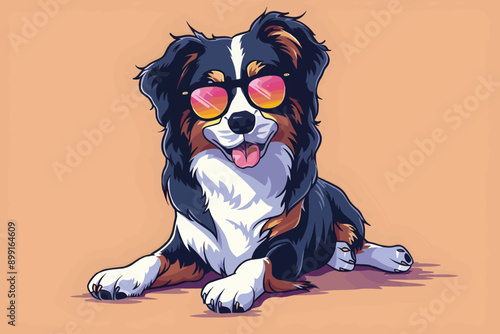 mini australian sheppard looking super cool and ready to rock, detailed cartoon style