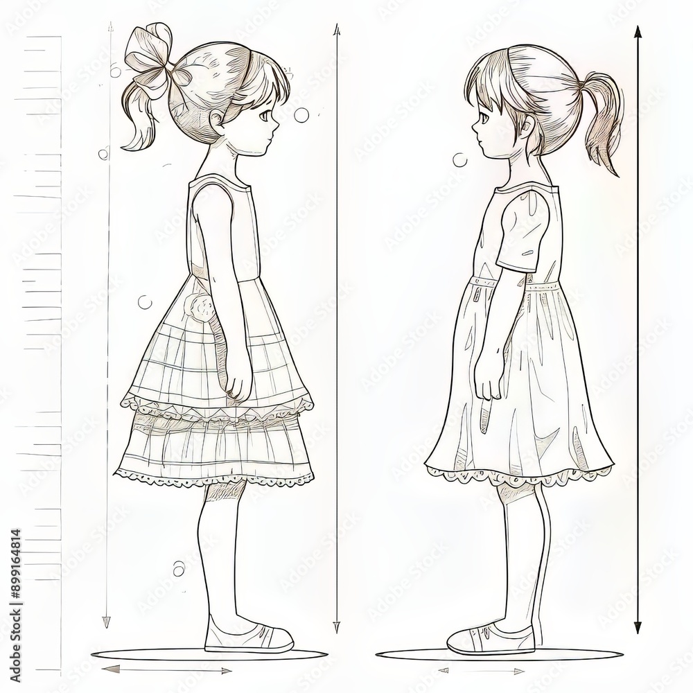 Two Girls in Dresses Standing Side-by-Side with Measurement Lines Two Girls in Dresses Standing Side-by-Side with Measurement Lines