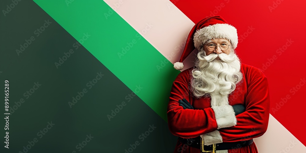 Naklejka premium Santa Claus standing with arms crossed, festive background, traditional holiday character, Christmas spirit concept