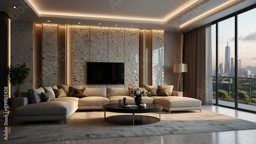 Modern style luxury interior with city view 3d render, There are terrazzo floor decorated wall with hidden light