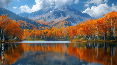 A serene mountain lake surrounded by vibrant autumn foliage, with a majestic peak in the background. © Phiranchaya Thatham