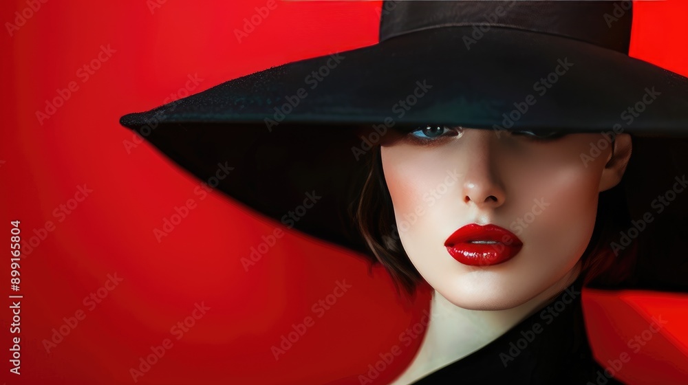 Elegant woman with red lips and a black hat, her face partially hidden, standing against a vivid red background Elegant woman with red lips and a black hat, her face partially hidden, standing against a vivid red background