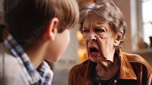 Emotional scene of angry grandmother scolding grandson, exaggerated crying, family conflict photo