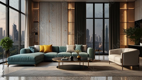 Modern style luxury interior with city view 3d render, There are terrazzo floor decorated wall with hidden light