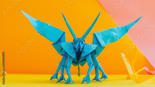 Origami Blue Unicron on colorful background photo