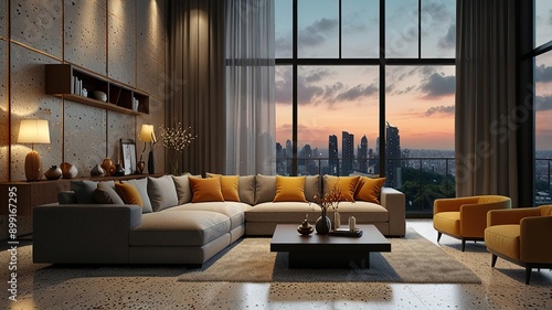 Modern style luxury interior with city view 3d render, There are terrazzo floor decorated wall with hidden light