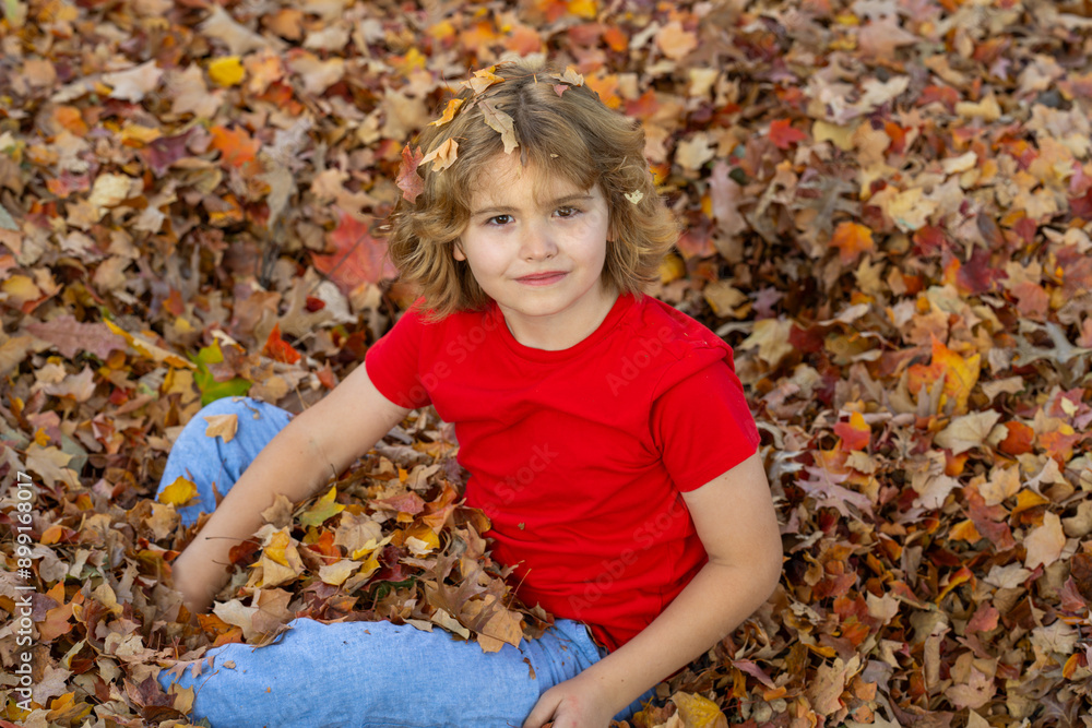 Child 10 years old playing with fallen leaves in autumn park. Child 10 years old playing with fallen leaves in autumn park.