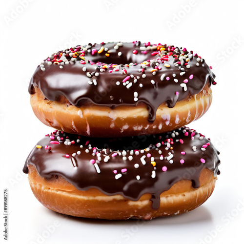 chocolate donut with chocolate icing and sprinkles on topisolated top view on white background photo