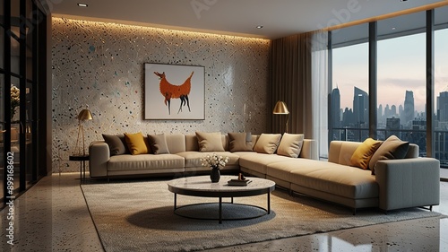 Modern style luxury interior with city view 3d render, There are terrazzo floor decorated wall with hidden light