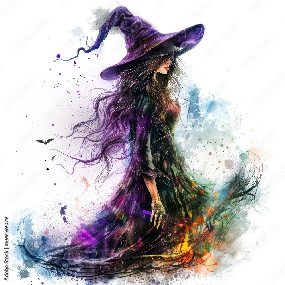 Obraz premium 4. A witch, Halloween symbol, fantasy illustration, vivid colors, isolated on white background