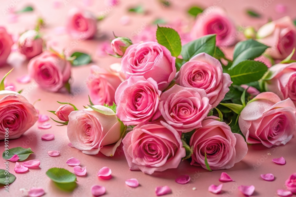 Pink Roses Theme Freshly picked pink roses scattered on a soft pink background, creating ...