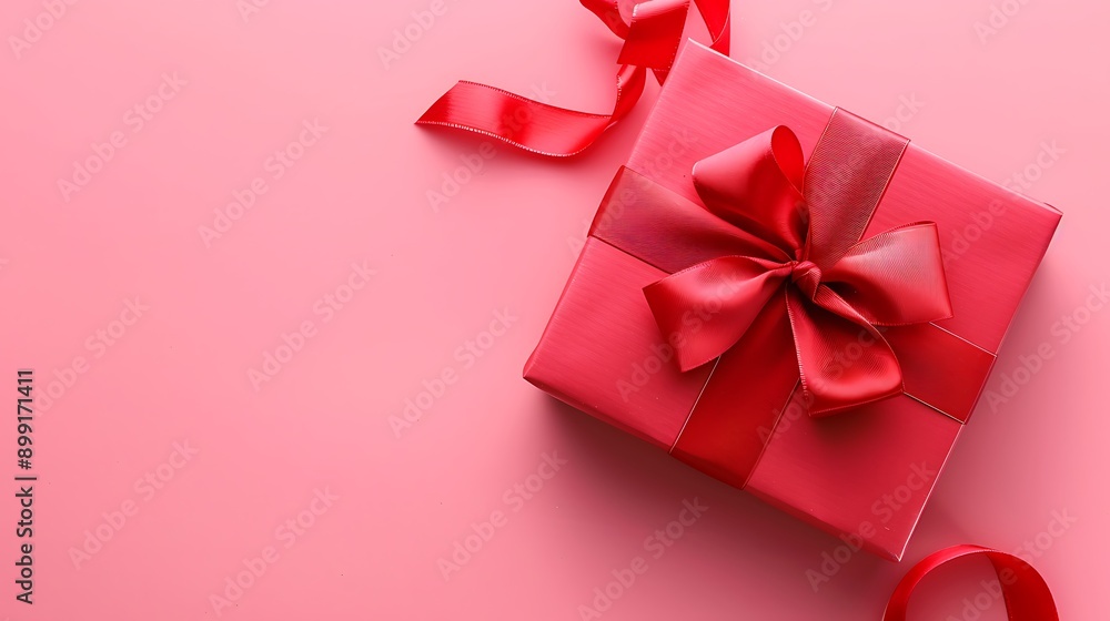 Red gift box ribbon bundle on pink background Red gift box ribbon bundle on pink background