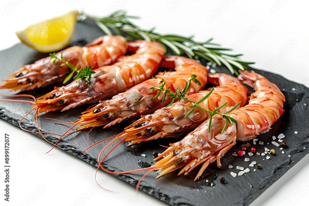 Large, fresh, well-ripened red shrimp sprinkled with herbs, salt, and lemon are placed neatly on a stone plate, making them both beautiful to look at and delicious to eat. Large, fresh, well-ripened red shrimp sprinkled with herbs, salt, and lemon are placed neatly on a stone plate, making them both beautiful to look at and delicious to eat.