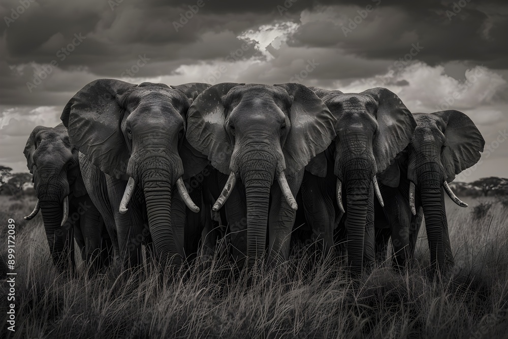 Fototapeta premium Herd of majestic adult African elephants crossing the savanna grasslands