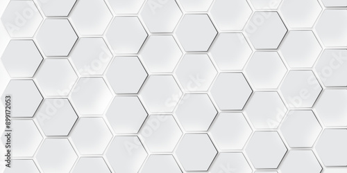 Abstract hexagon background. Futuristic abstract honeycomb mosaic white technology background. Surface polygon pattern with glowing hexagon paper texture vector grid tile and mosaic struct.