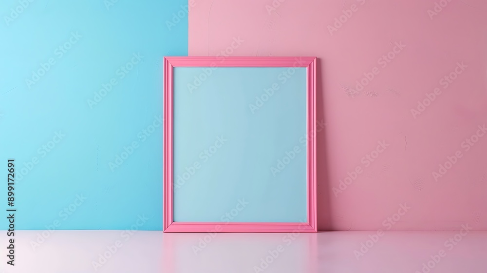 Simply design with empty blue frame isolated on pink and blue pastel colorful background Simply design with empty blue frame isolated on pink and blue pastel colorful background