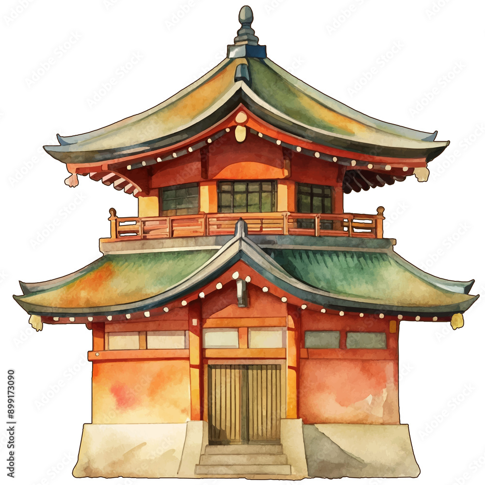 Japanese building watercolor illustration, generative AI Japanese building watercolor illustration, generative AI