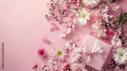 Spring fresh flowers in pink background and small gift