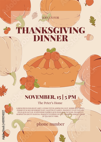 Thanksgiving dinner poster. Holiday invitation with pie, pumpkin, cranberry and more. Vector illustration.