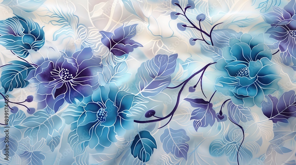 Blue Flowers on White Silk Fabric - Floral Pattern Design Blue Flowers on White Silk Fabric - Floral Pattern Design