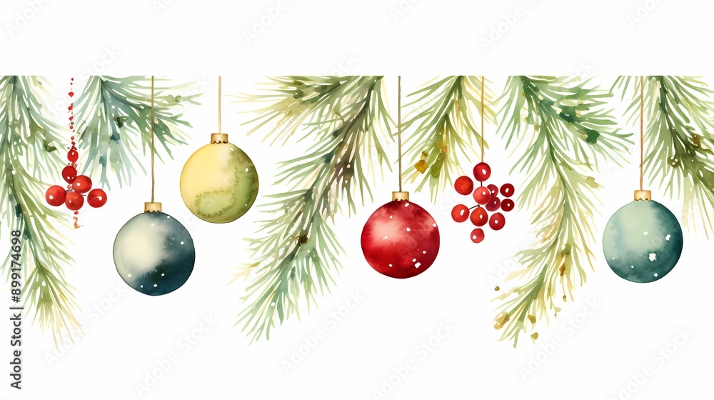 Holiday ornaments and pine branches decorate the scene, creating a festive Christmas ambiance. Holiday ornaments and pine branches decorate the scene, creating a festive Christmas ambiance.