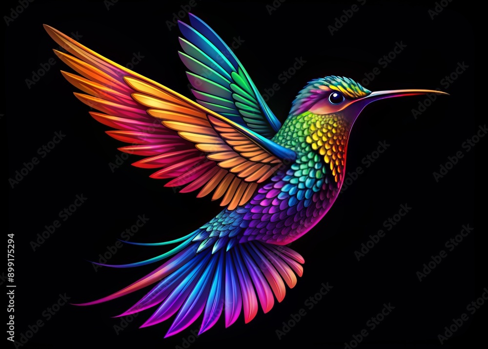 Obraz premium Vibrant, intricately designed hummingbird logo template with iridescent feathers, delicate details, and bold colors, perfect for branding, advertising, and nature-inspired projects.