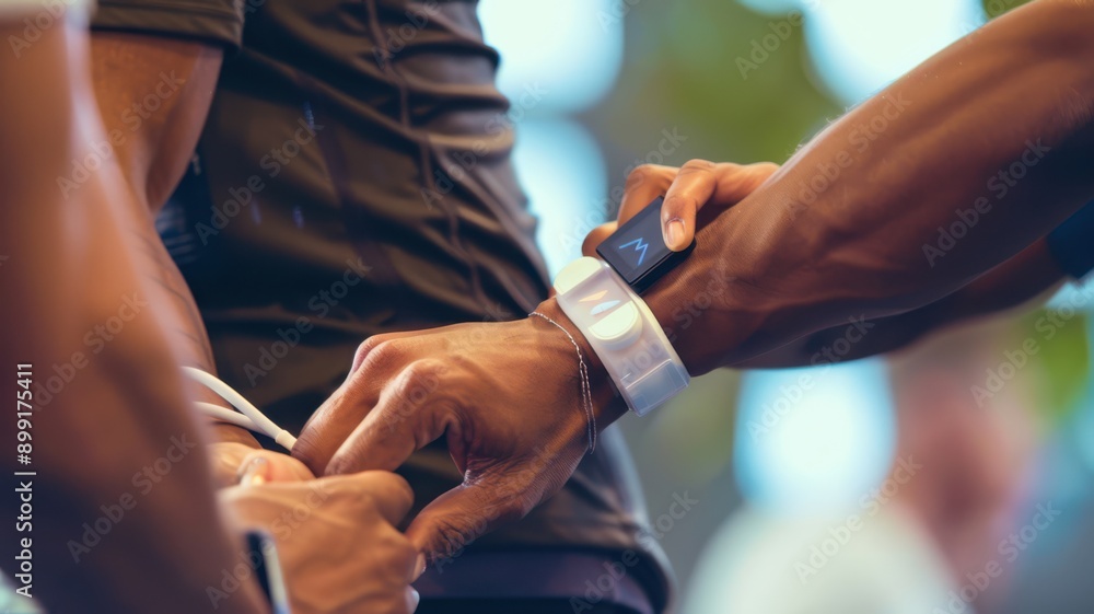 Fototapeta premium A man is wearing a wristwatch and adjusting it
