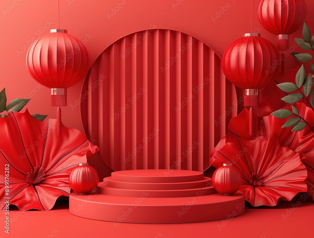 Festive Chinese New Year Podium with Red Lanterns and Floral Accents - Perfect for Lunar New Year Product Displays and Celebrations Festive Chinese New Year Podium with Red Lanterns and Floral Accents - Perfect for Lunar New Year Product Displays and Celebrations