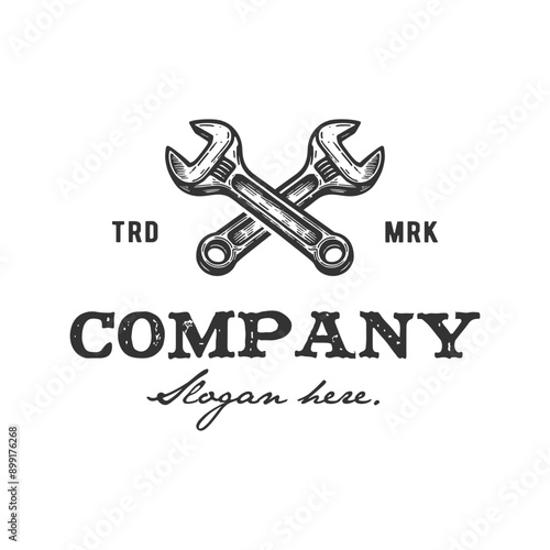 vintage logo wrench hand drawn vector template illustration